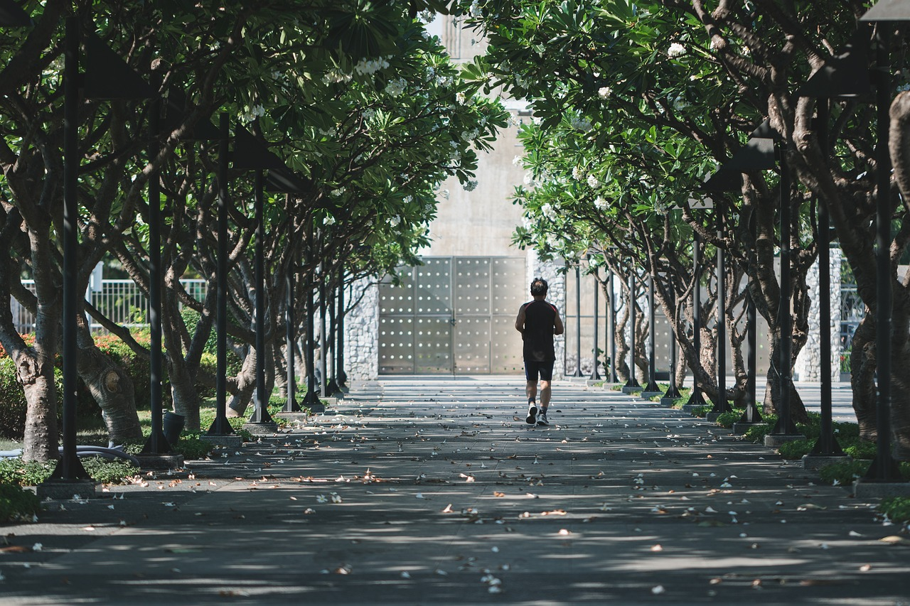 Hombre haciendo ejercicio al aire libre en un parque cercano a una calle, rodeado de naturaleza.