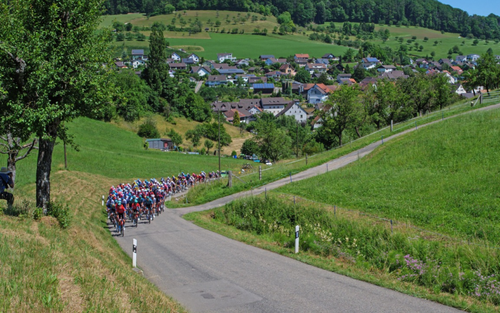 Ciclistas profesionales compitiendo en una etapa del Tour de Suiza