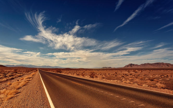 Carretera de asfalto que se pierde en el horizonte bajo un cielo azul con nubes, en un paisaje desértico de Nevada con un ave en vuelo.