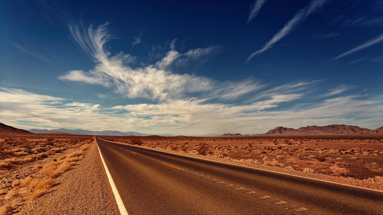 Carretera de asfalto que se pierde en el horizonte bajo un cielo azul con nubes, en un paisaje desértico de Nevada con un ave en vuelo.